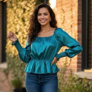 EXPRESS | Teal Satin Peplum Blouse | small